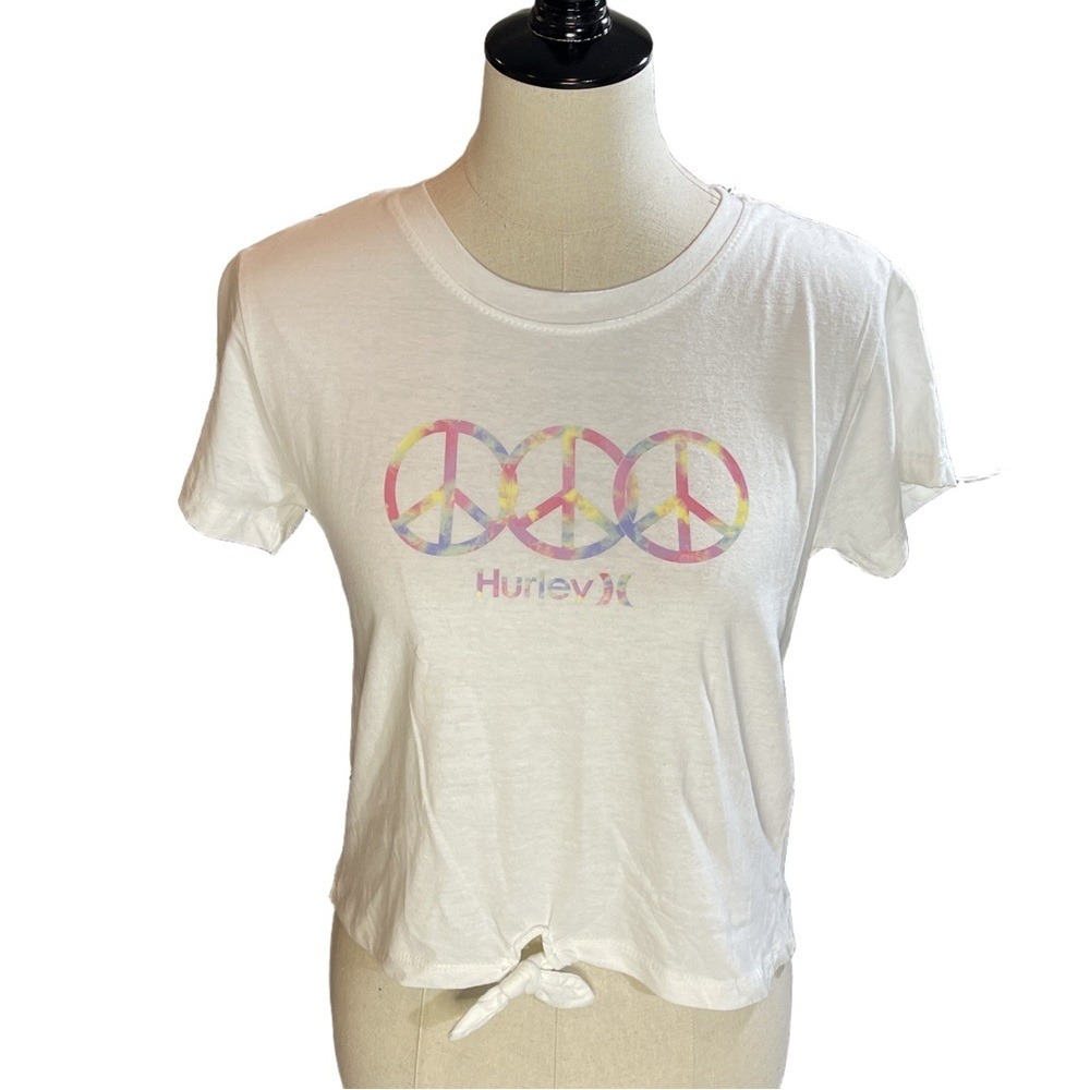 Hurley‎ Girls L Graphic T-Shirt Peace Sign Logo White Tee Summer Top